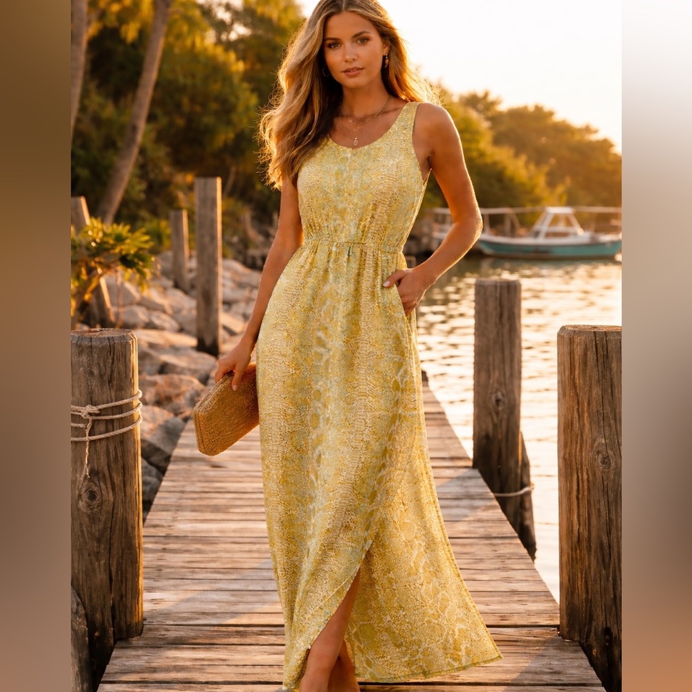 Bar III,Yellow/Green, Snake Print,Sheer Lined,Sleeveless Maxi Dress,Size XS